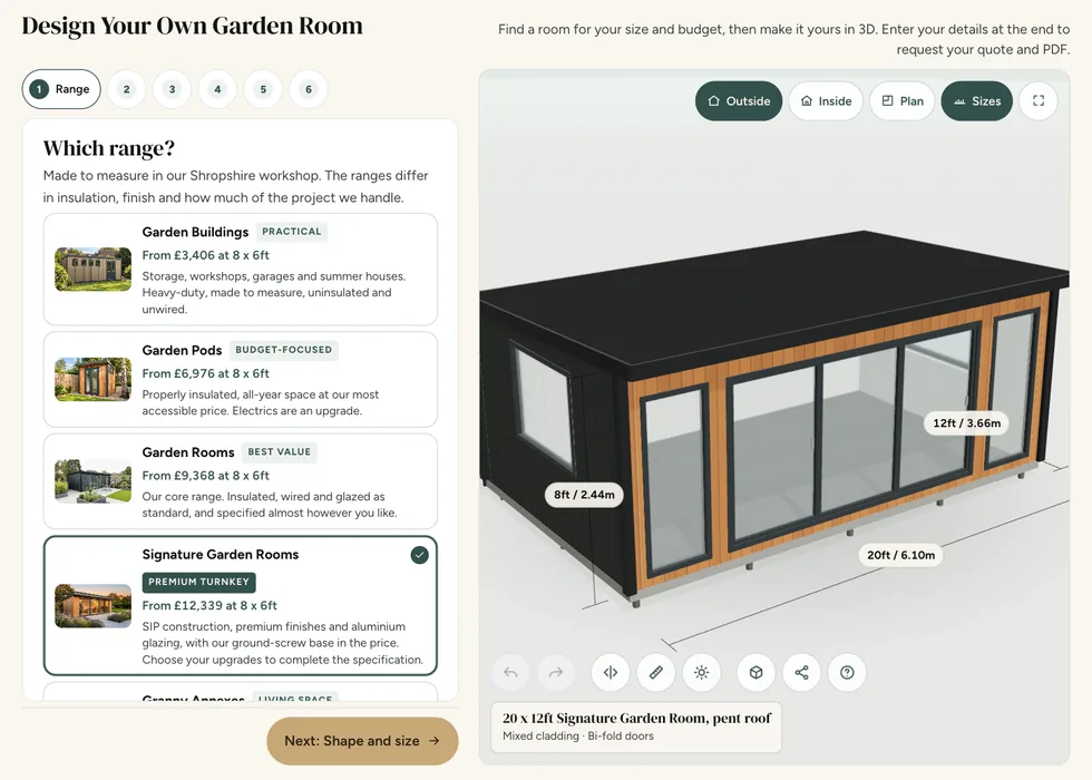 Configurator step 1, Range: the ranges listed with their from-prices beside a 3D model of a 20 by 12ft Signature Garden Room
