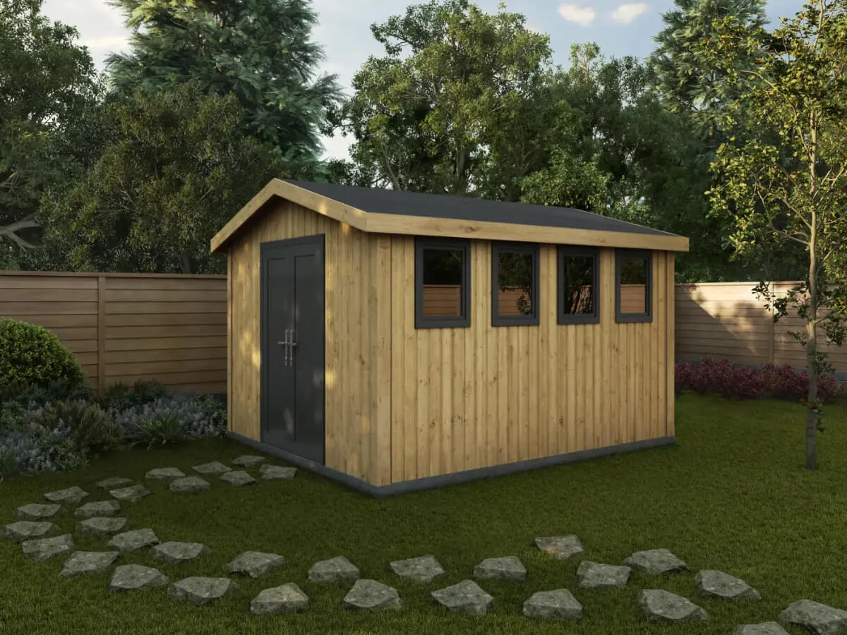 Timber-clad garden workshop with a row of windows