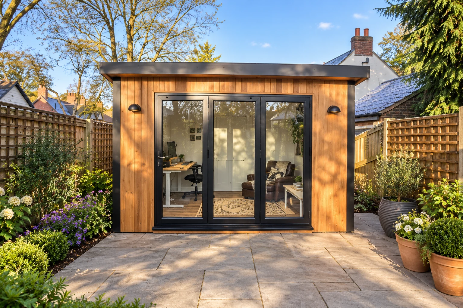 Cedar-clad garden office with bi-fold doors on a Birmingham patio