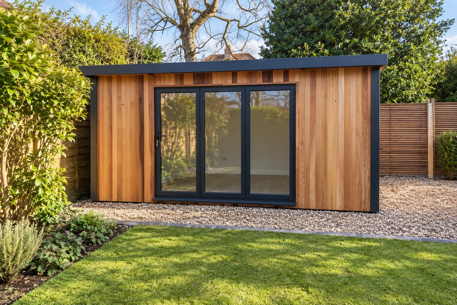 Cedar-clad Woburn eco pod with black-framed glazing in a customer garden