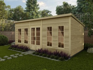 Rendered image of the Norton Log Cabin – Georgin with pent roof.
