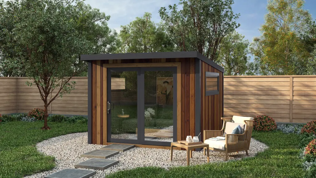 Rendered image of the Knighton Cedar Garden Room with Pent roof.