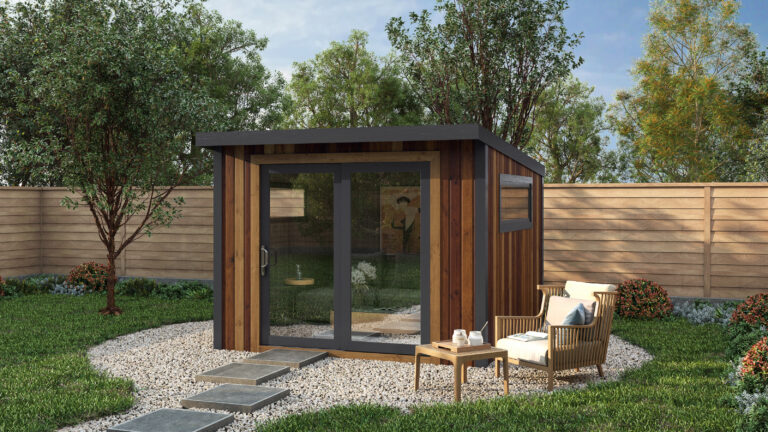 Rendered image of the Knighton Cedar Garden Room with Pent roof.