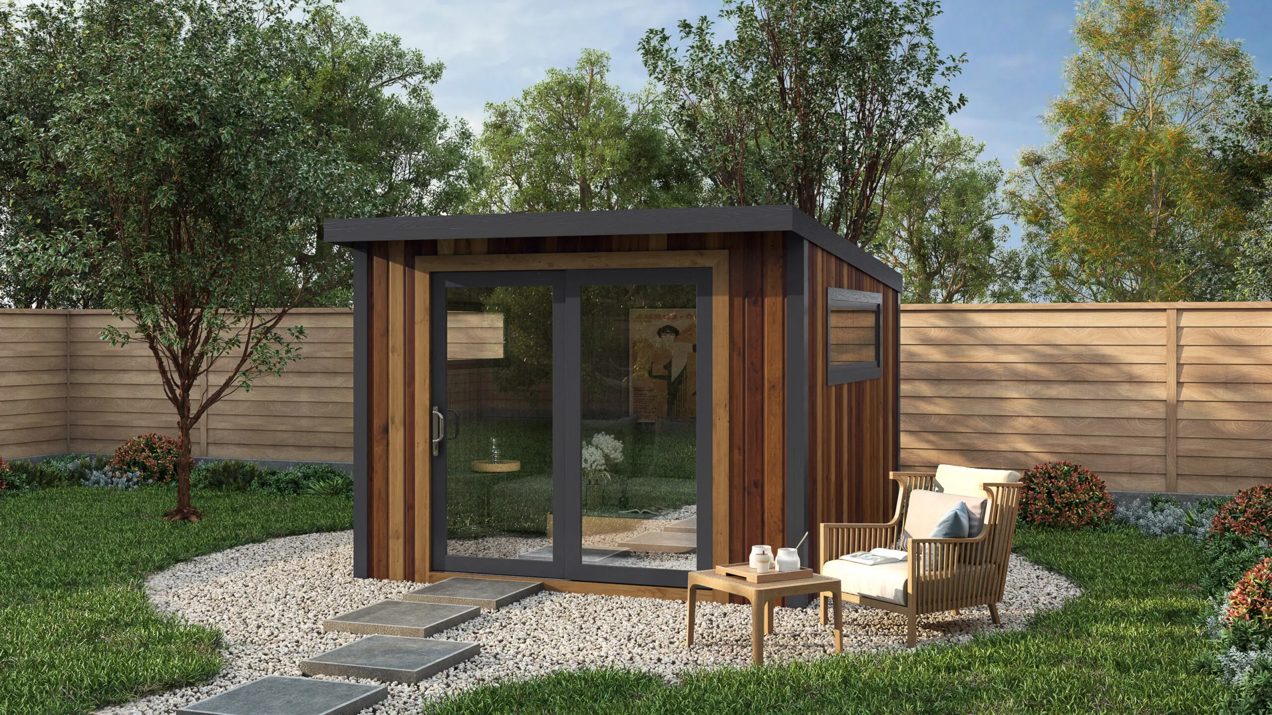 Rendered image of the Knighton Cedar Garden Room with Pent roof.