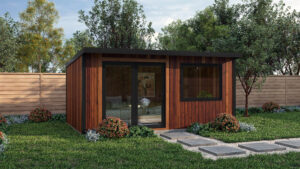 Rendered image of the Lamorna Cedar Garden Room with double doors and pent roof.