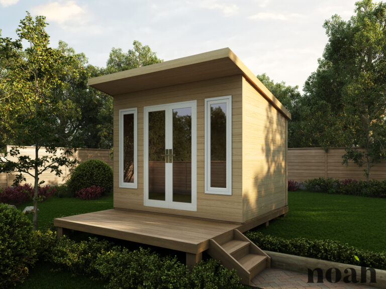 Rendered image of the Roseberry Eco Pod Garden Room with pent roof.