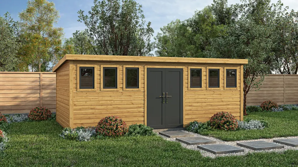 Rendered image of the Dartford Summer Shed in timber with pent roof and PVC windows and doors.