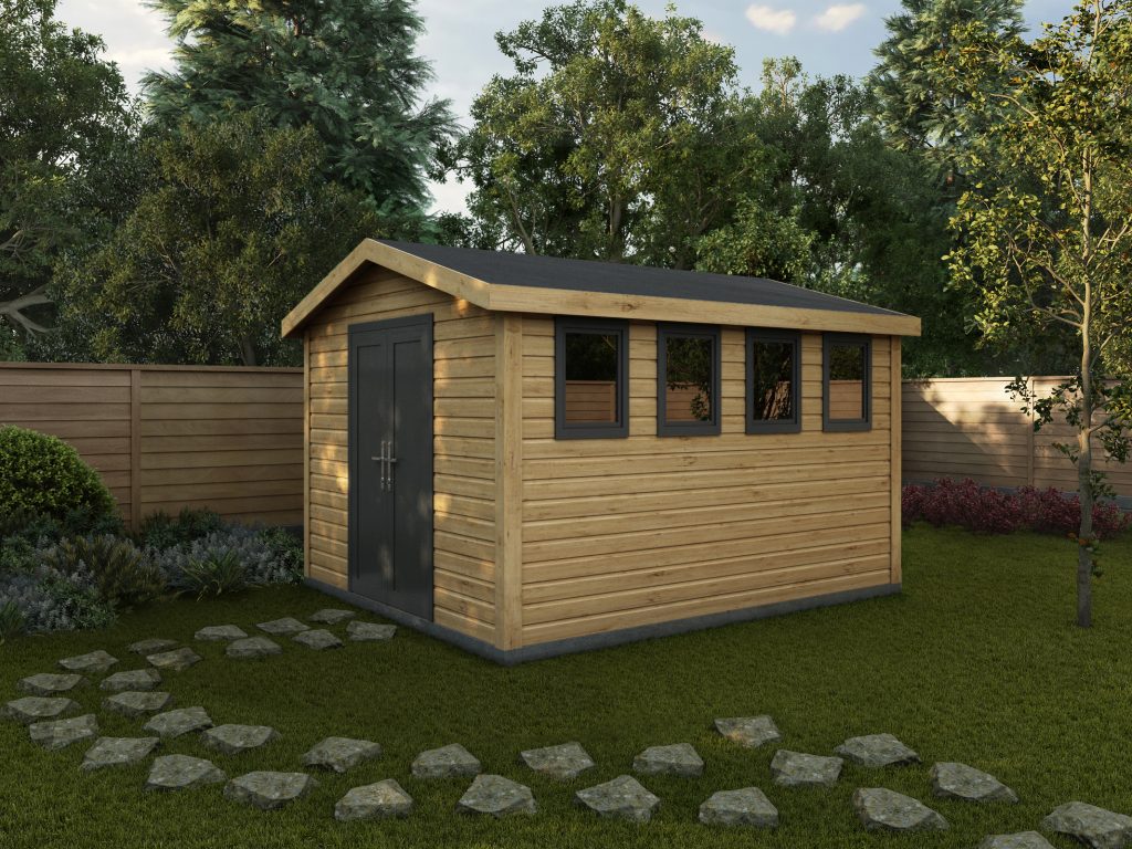 Rendered image of the Willow Timber Workshop with apex roof and pvc windows and doors.