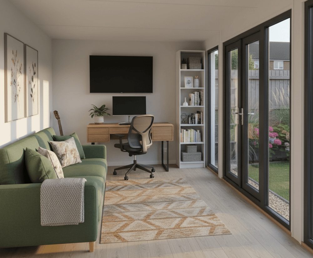 garden office ideas tv + sofa